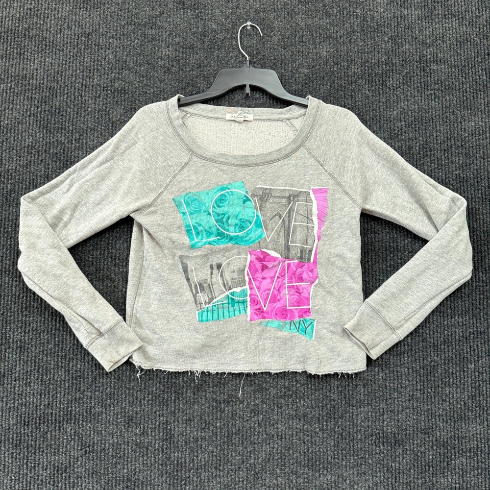 Aeropostale LOVE Graphic Sweatshirt Womens XS Extra Small Gray Cropped Raw Hem